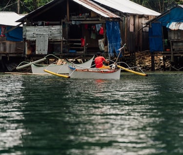 a man in a red shirt is rowing a boat
