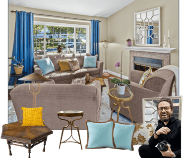 a living room with a couch and a fireplace