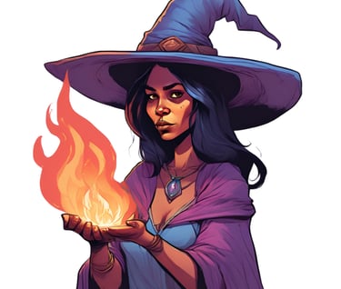 a woman in a witch hat holding a fire
