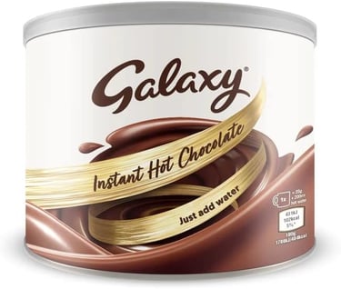 A 370g tin of Galaxy Instant Hot Chocolate powder with swirl graphics.