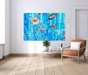 Canvas with poppies on it hanging on wall with chair and table in a minimalist livingroom 