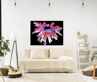 Canvas print on a livingroom wall with an artistic photographic Daisy Flower printed on it. 