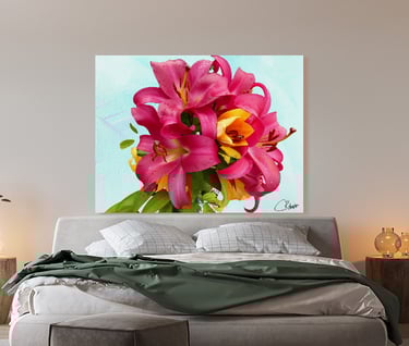 Canvas print with Red Lilies printed on it hanging on a wall above a bed   