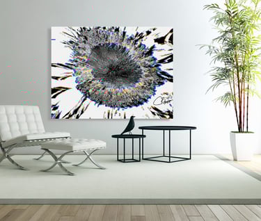 Canvas wall print on wall with an abstract sunflower on it and furniture in roomand furn 
