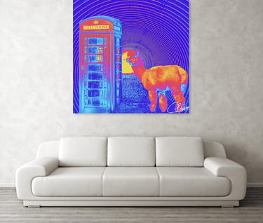 Poster on a wall with digital art featuring a Lama at a vintage Phone box in a tunnel