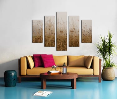 Split Canvas Print of long golden grass and wild flowers in the mist hanging on a wall above a couch
