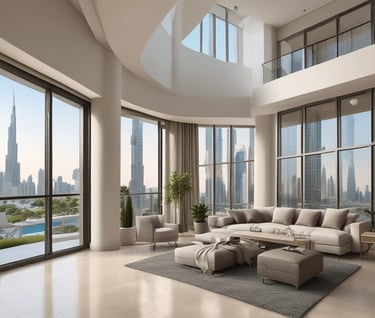 A towering skyscraper illuminated at night with vibrant blue and white lights, featuring the word 'EMAAR' prominently displayed. The building is surrounded by other illuminated modern structures and a palm tree.