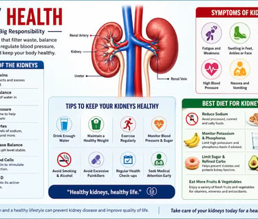 Kidney health infographic showing kidney functions, symptoms of kidney problems