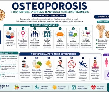 Illustration showing healthy bone and osteoporotic bone with risk factors