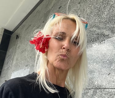 Shannon Falk at the grave of Gertrude Falk