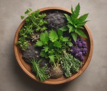 a bowl of herbs and herbs in a wooden bowl
