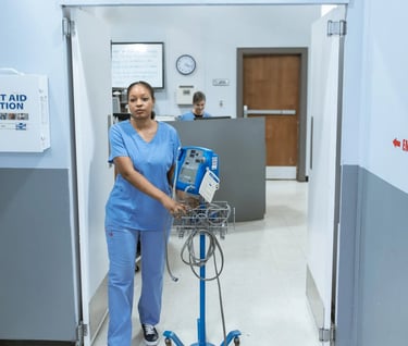 a nurse in scrubies standing in a hospital