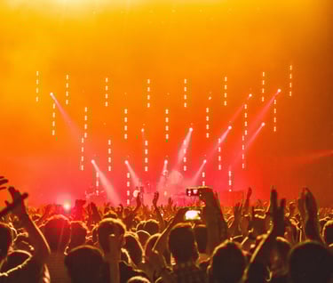 a crowd of people standing in front of a stage with bright lights