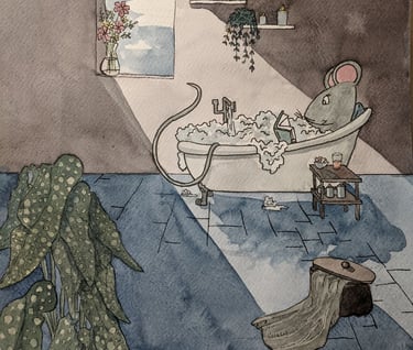 A mouse reads in a bubble bath in a sunbeam
