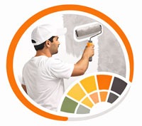 Professional house painter using a roller to apply grey paint on a wall with color palette swatches.