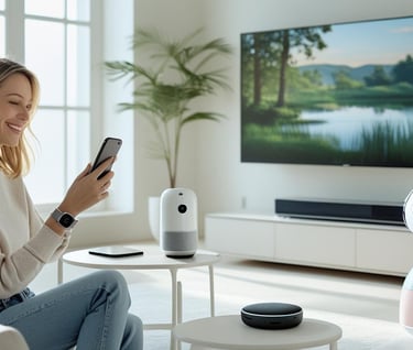 A person interacting with multiple smart devices — phone, TV, smartwatch with AI Assistant