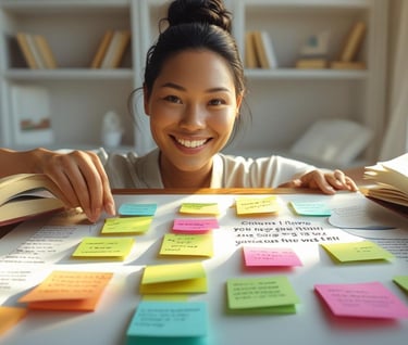 Person mapping out a personal growth vision board on a clean desk with sticky notes, affirmations, 