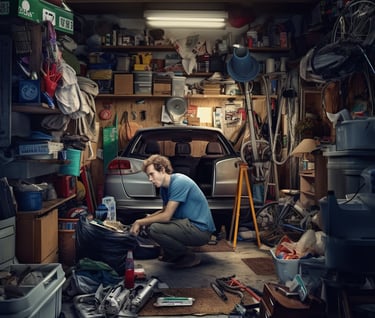 a man attempting to clean up his garage