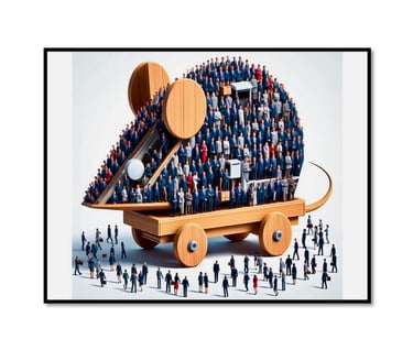 A large Trojan Mouse containing suited office workers