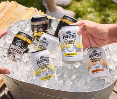 Product campaign photography - a person holding a woodstock can in a bucket of ice