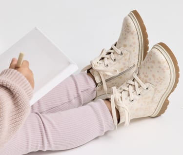 Fashion campaign photography - a child's feet in a pair of floral shoes