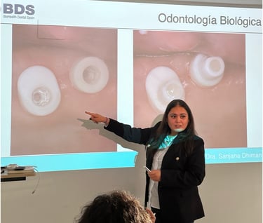 dra sanjana dhiman mostrando implantes de zirconio