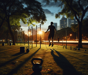 a man jumping on a jump rope in the park