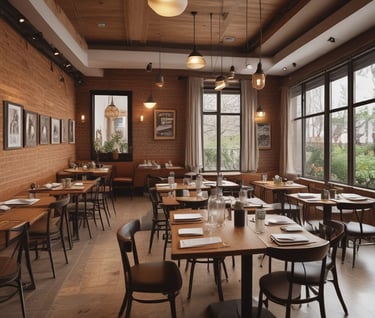 a restaurant with wooden tables and chairs