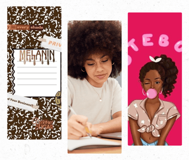 3 pic collage of notebook with sticker, woman writing, and notebook with woman blowing bubble gu