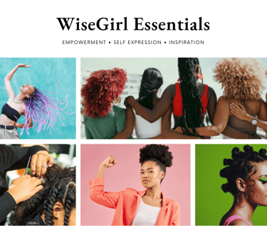 Black woman with various hairstyles embodying WiseGirl slogan:empowerment, expression, inspiration 