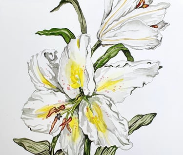Detail of a watercolour painting of a bunch of lilies by Aimee Gallagher