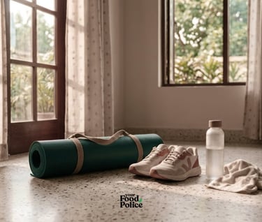 Yoga mat, running shoes, and a water bottle on a floor for a home workout session.