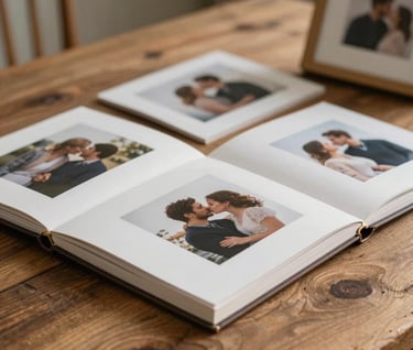 A collection of printed photo albums and framed shots on a rustic wooden table, surrounded by warm light. This represents the tangible results and products the client receives, matching the intimate brand mood.