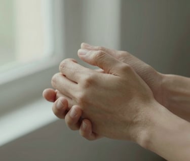 A close-up, intimate shot of two hands gently holding each other, showing fine details and textures. The lighting is soft and natural, coming from a nearby window. The atmosphere is warm and welcoming, utilizing #E2D7C3 tones.