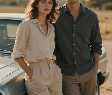 A medium shot of a couple leaning against a vintage car in a sunny, rural setting. Warm, cinematic atmosphere. Natural tones of charcoal #3A3A3A and sand #E2D7C3 in their clothing.