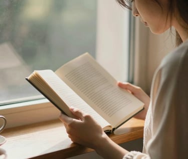 A person reading by a window, warm afternoon light, peaceful cinematic atmosphere, authentic lifestyle moment.