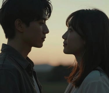 An intimate, unposed portrait of a couple looking at each other, backlit by a warm setting sun. The composition is cinematic with a focus on genuine emotion. The palette includes warm #E2D7C3 highlights and #3A3A3A deep shadows for a dramatic effect.