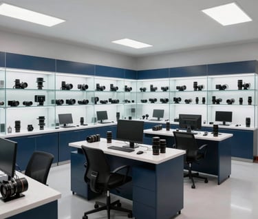A wide-angle interior photograph of a modern photography equipment service center in North America. The space is bright and organized with high-tech workstations and glass displays, using a palette of light grey and dark blue tones.