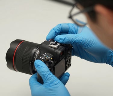 A close-up of a technician's hands wearing blue gloves, carefully calibrating a modern digital camera sensor, off-white background, professional focus.