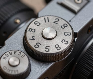 Detailed macro shot of a camera's top dials and shutter button. The focus is razor-sharp on the etched numbers and metallic texture. Lighting is soft and professional, highlighting the dark gray tones of the chassis.