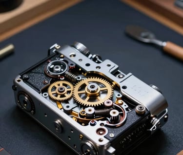 A detailed product shot of a disassembled vintage camera showing its internal gears and springs, laid out on a dark navy surface in a North American restoration shop. The lighting is dramatic and highlights the craftsmanship of the machinery.