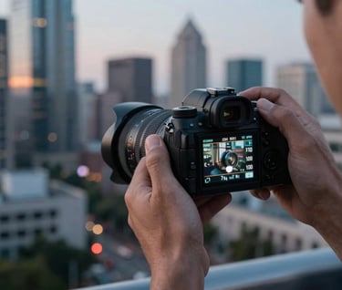 A photographer's hands holding a professional camera, adjusting settings on the digital display, overlooking a modern North American / US city at dusk, sharp focus, professional and trustworthy mood.