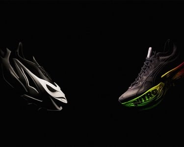 a pair of two shoes one in black, white and grey the other in a black colorway w/yellow and green 