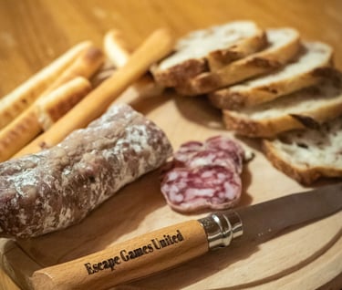 a wooden cutting board with bread and bread