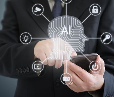 a man in a suit and tie is holding a cell phone with AI technology