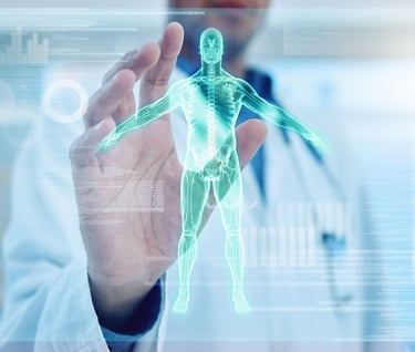 a man in a lab coat holding a green and white human body in an AI frame