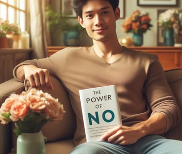 a man sitting on a couch holding a book with NO on the cover