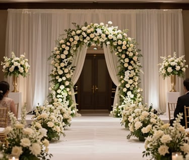 The grand entrance of a South American / Colombian event hall decorated for a wedding with soft off-white florals and elegant minimalist design. Warm, professional lighting.