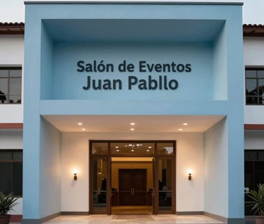 An architectural photograph of the entrance to Salón de Eventos Juan Pablo in Palmira, South American / Colombian region. Modern and minimalist facade decorated with soft sky blue accents and elegant lighting.