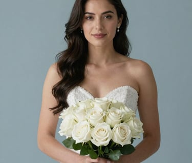 A minimalist studio portrait of a bride holding a bouquet of white roses, soft slate blue background, professional studio lighting, South American / Colombian aesthetic.